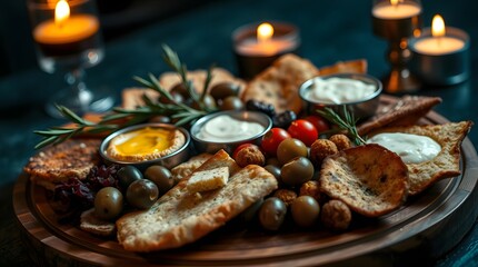 Fototapeta premium A mezze platter featuring hummus, baba ganoush, falafel, olives, pita, and tzatziki, arranged on a round wooden board with olive branches and olive oil