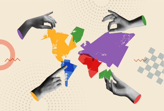 Colorful abstract world map and hands in retro collage vector illustration