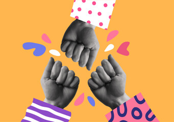 Friendship fist bump hands in retro collage vector illustration