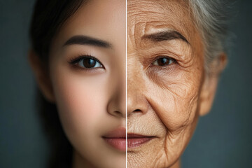 A split-face portrait of an Asian woman showing youth on the left and old age on the right, graceful transition of features and wrinkles