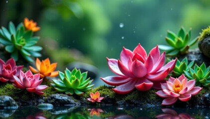 Rainy season splash on succulents and flowers, vibrant colors and intricate patterns, rain, close-up