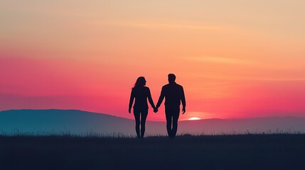 Romantic sunset stroll scenic landscape couple holding hands peaceful environment wide angle love in nature