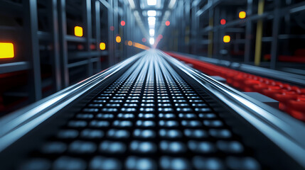 Fototapeta premium A futuristic conveyor system in a dimly lit industrial setting, featuring sleek lines and illuminated controls.