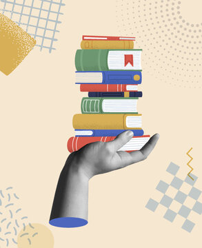 Hand holding a book pile cartoon in retro collage vector illustration