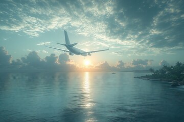 Airplane flying over tranquil ocean during vibrant sunset near tropical shoreline. Generative AI