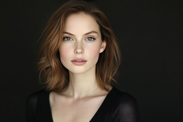 Fototapeta premium Portrait of a young woman with light brown hair and subtle makeup against a dark background.