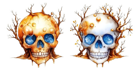Naklejka premium Illustration of Two Skulls with Blue Eyes and Tree Branches Isolated