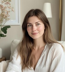 Naklejka premium Portrait of a young woman with long brown hair, wearing a white shirt, sitting on a couch.