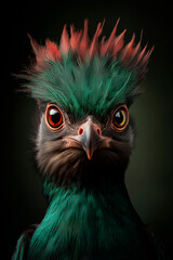Close-up portrait of a resplendent quetzal, its iridescent green and red plumage shimmering in soft light, hyperrealistic detail, dark background, National Geographic photo