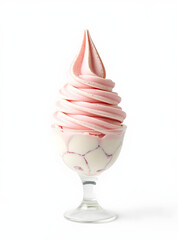 A swirl of pink and white soft serve ice cream in a glass against a white background.