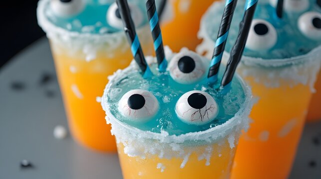 DIY Halloween punch with floating fake eyeballs and themed straws in spooky cups