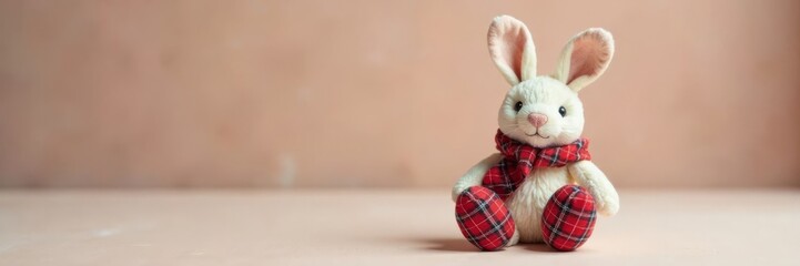 Adorable handmade rabbit in plaid with booties on soft background, rabbit, handmade