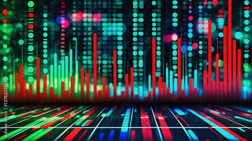 Poster Abstract digital data streams and grids in vibrant red, green, and blue hues create a dynamic and futuristic visualization.  A sense of depth is achieved through the perspective and bokeh effect.