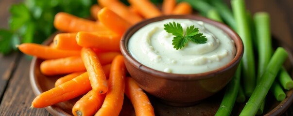 Carrot sticks with ranch dip in a bowl surrounded by fresh herbs, Healthy Snack, Vegetable Sticks