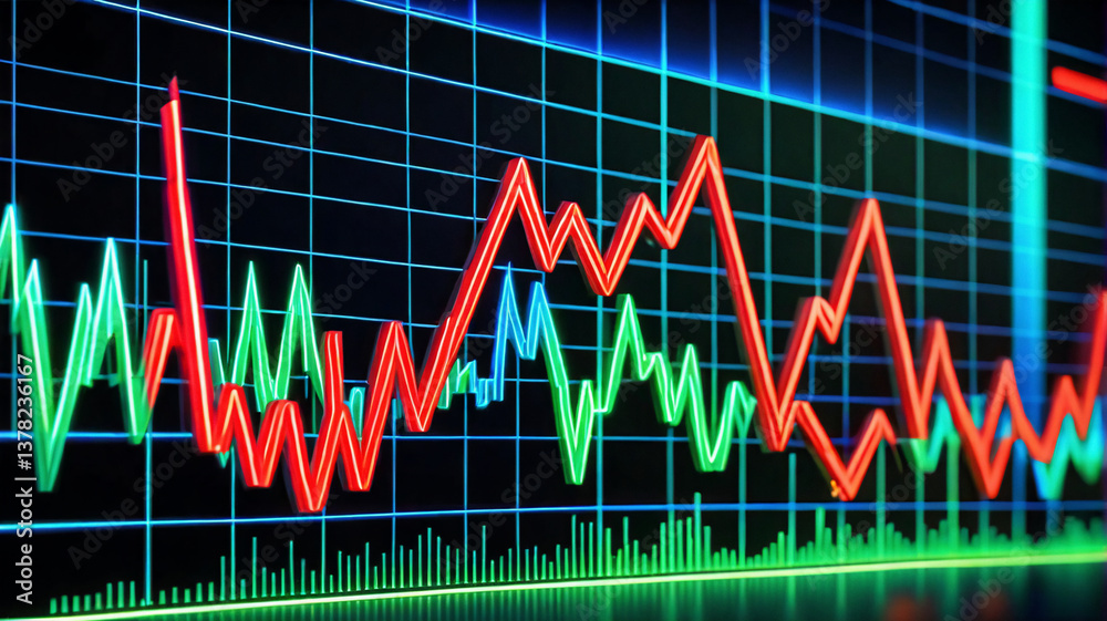 Leinwandbilder Vibrant graph with red, green, and blue lines depicting fluctuating data against a dark grid backdrop.  Visual representation of trends and analysis.