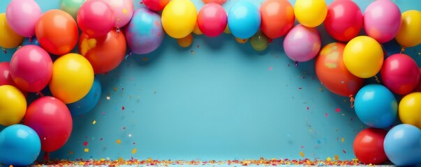 Colorful balloons arching over a festive banner with confetti and countdown clock, countdown, fireworks