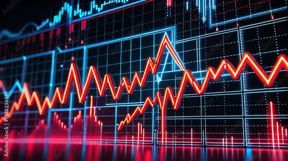 Fototapete Financial data is displayed as a dynamic graph with red and blue lines against a dark backdrop, illustrating market trends and economic fluctuations.