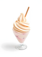 A beautifully swirled vanilla soft serve sundae, perfectly presented on a white backdrop.