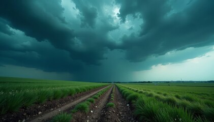 Darkened sky with storm clouds over a field, with debris scattered on the ground , chaos, stormy weather
