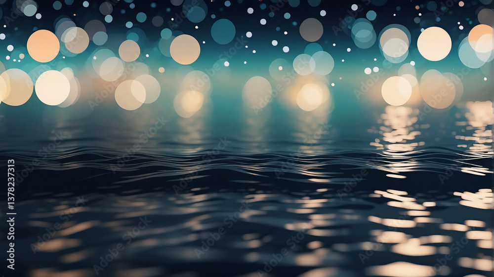 Leinwandbilder blurred lights create a dreamy bokeh effect above dark water. soft, glowing orbs reflect on the ripp