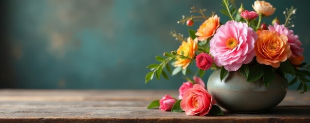 Delicate floral arrangement on a wooden table, top view, feminine wedding stationery
