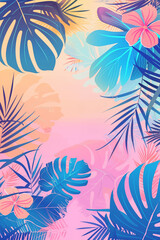 A tropical illustration with tropical flowers, palm leaves. pastel background. A perfect summer vibe for prints, wallpapers, and vacation-themed designs.