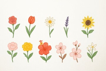 Delicate Floral Collection: Variety of Charming Blooms Illustration on Creamy Background.