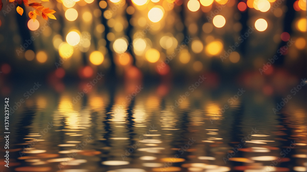 Leinwandbilder Dreamy, blurred backdrop of warm bokeh lights resembling a forest or trees reflected in water, creating a magical and serene atmosphere.