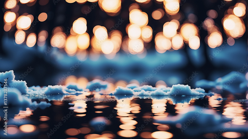 Aufkleber dreamy winter scene with bokeh lights reflecting on water. ice and snow float, creating a blurry, ma