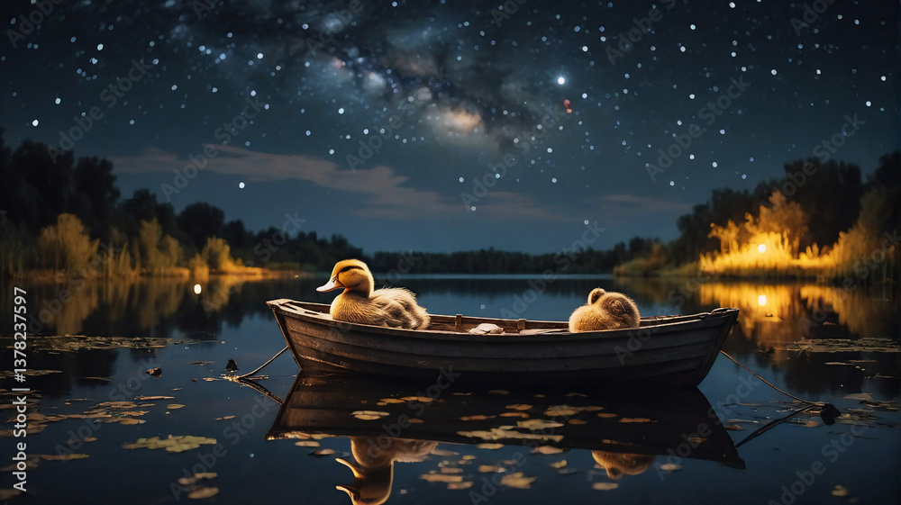 Poster two fluffy ducklings rest in a small wooden boat floating on a calm lake. the night sky is filled wi
