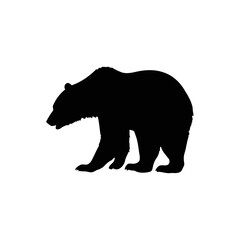 A black and white vector silhouette of a standing bear in a powerful pose on a white background.