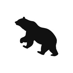 Fototapeta premium A black and white vector silhouette of a roaring bear with its mouth open wide on a white background