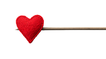 Fabric red heart pierced with wooden arrow, symbol love, cut out transparent