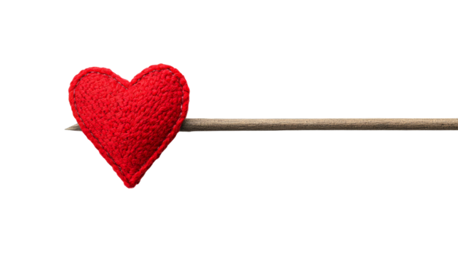 Fabric red heart pierced with wooden arrow, symbol love, cut out transparent