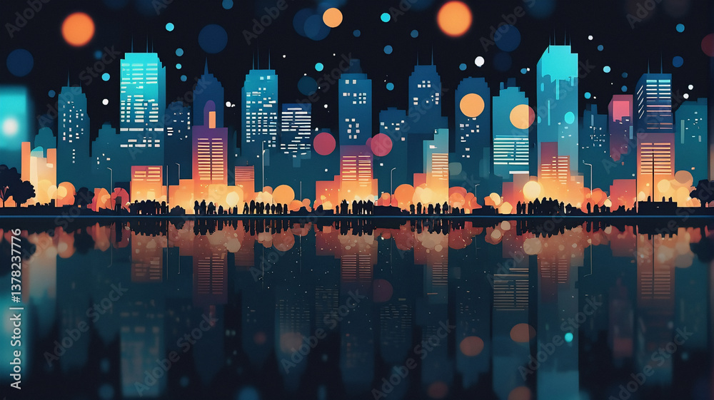 Aufkleber Night cityscape with colorful lights reflecting on water, creating a bokeh effect and a vibrant urban scene in the dark evening.