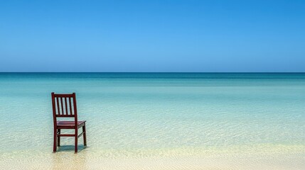 A tranquil beach scene with a wooden chair, crystal-clear water meeting the horizon.