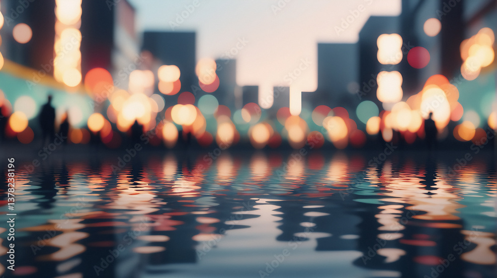 Poster Blurred city lights glow at night, reflected in water.  Urban scene with bokeh effect and soft focus creates a dreamy, abstract cityscape.