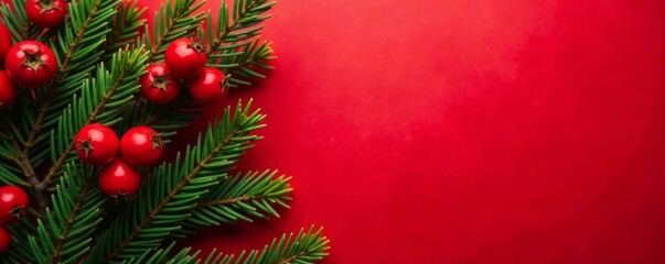 Fir branches with red berries against a bright red background, festive and celebratory atmosphere , Red Background, Rowan Berries