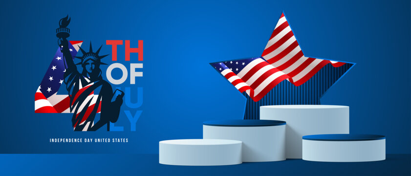 USA Happy Independence Day 4th of July. Flyer, banner, poster, greeting card for discount days. Realistic podium scene with American flag, star and statue of liberty. Vector illustration design.