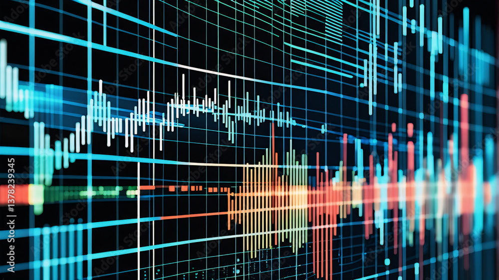 Poster vibrant waveforms are displayed on a digital screen with a grid pattern. colorful lines in blue, gre