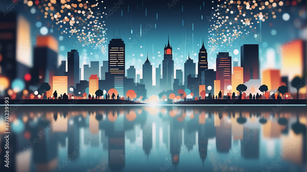 Poster A vibrant cityscape at night is illuminated by dazzling fireworks exploding in the sky. The city's silhouette reflects beautifully in the calm water below, creating a stunning visual.
