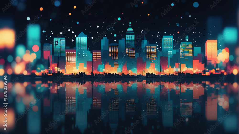 Poster vibrant city skyline at night with illuminated buildings reflecting in water. colorful lights create