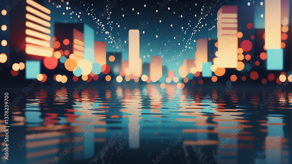 Poster abstract night cityscape with blurred building lights reflecting on water. bokeh lights create a dre