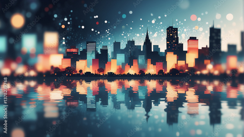 Aufkleber A vibrant cityscape silhouette glows with warm lights against a dark sky.  Buildings are reflected in calm water, creating a mirrored effect with bokeh lights adding sparkle to the night scene.
