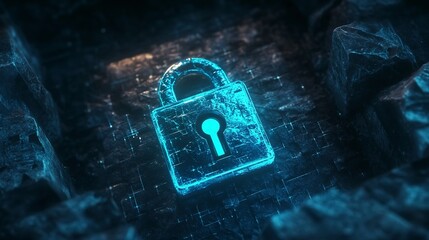 A glowing digital padlock secures data within a dark, rocky digital landscape, symbolizing impenetrable cybersecurity with a cool blue hue.