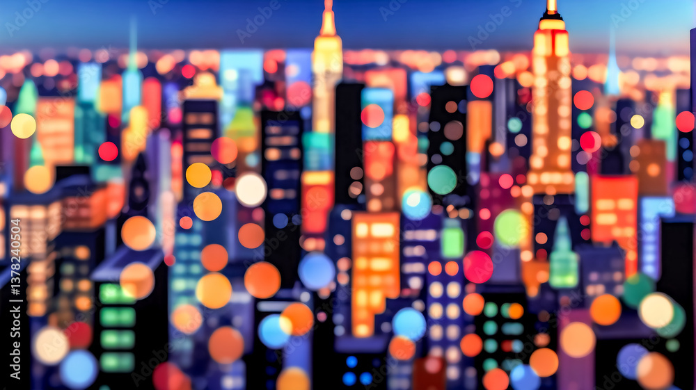 Poster aerial night view of a vibrant cityscape with illuminated buildings. the blurred lights create a bok