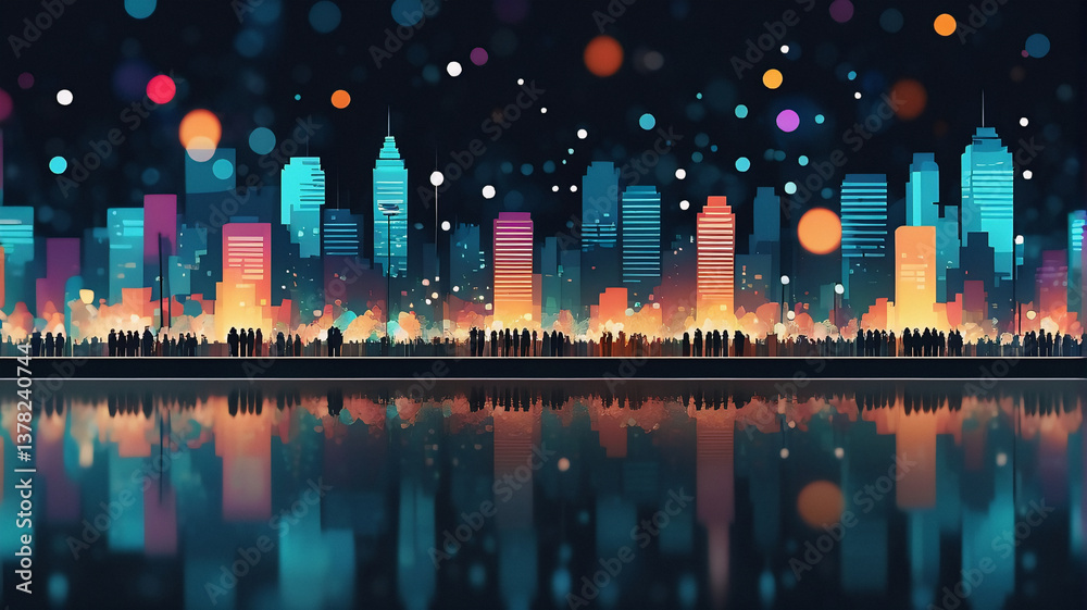 Poster a vibrant cityscape at night is reflected in calm water. bokeh lights illuminate the skyline and col