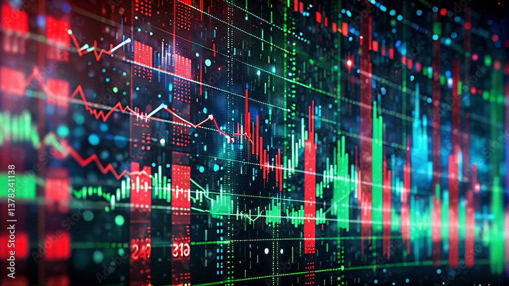 Poster Brightly colored lines of green and red graphs fluctuate against a dark background. Data visualization of market trends, possibly stock or financial analysis, is displayed.