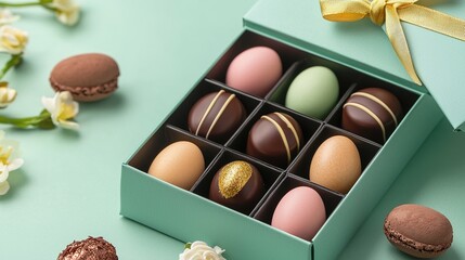 Delightful chocolate easter eggs gift box gourmet treats spring season studio setting vibrant colors
