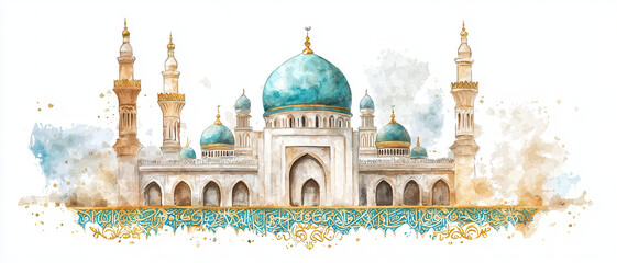 Watercolor mosque with minarets and blue dome religious artwork
